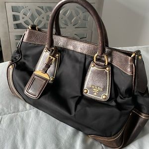 **PRADA** authentic double handle/crossbody nylon/brown leather purse